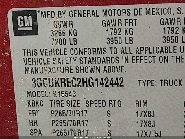 Aukcja sprzedaży 2017 Chevrolet Silverado 1500 1lt, vin: 3GCUKREC2HG142442, numer aukcji: 44633469