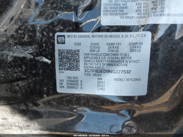 Aukcja sprzedaży 2022 Gmc Sierra 1500 Limited 2wd  Short Box Slt, vin: 3GTP8DED9NG177532, numer aukcji: 44633474