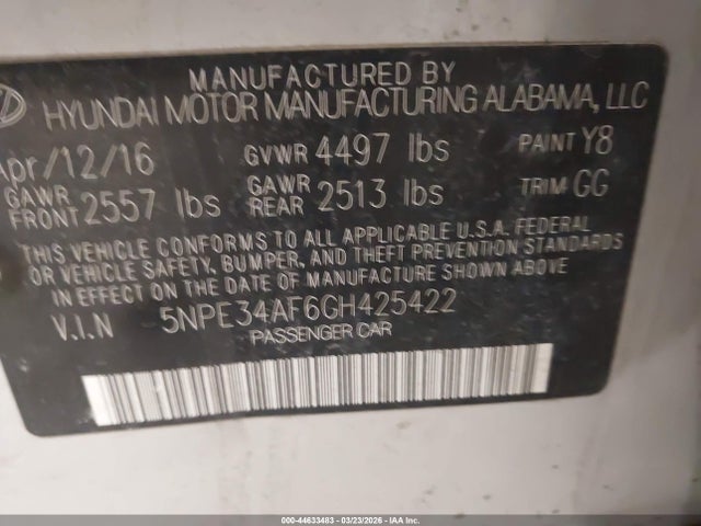 44633483 :رقم المزاد ، 5NPE34AF6GH425422 vin ، 2016 Hyundai Sonata Limited مزاد بيع