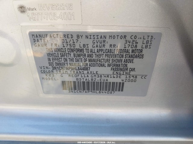 Aukcja sprzedaży 2017 Nissan Versa 1.6 Sv, vin: 3N1CN7AP9HL844087, numer aukcji: 44633490