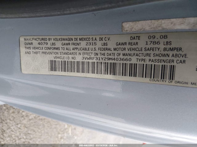 Продажа на аукционе авто 2009 Volkswagen New Beetle 2.5l, vin: 3VWRF31Y29M403660, номер лота: 44633502