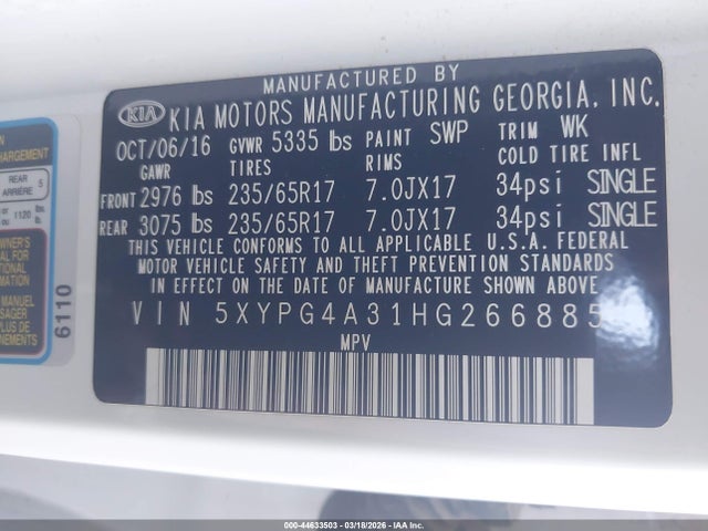 2017 KIA SORENTO 5XYPG4A31HG266885 Photo 8