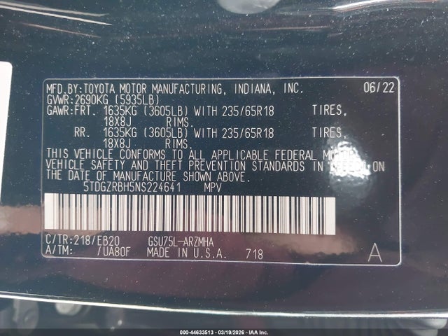 Aukcja sprzedaży 2022 Toyota Highlander Xle, vin: 5TDGZRBH5NS224641, numer aukcji: 44633513