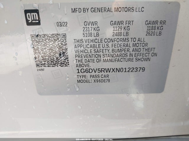 2022 Cadillac Ct5-v V-series მანქანა იყიდება აუქციონზე, vin: 1G6DV5RWXN0122379, აუქციონის ნომერი: 44633515
