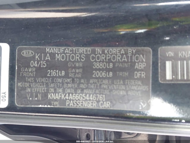 44633521 :رقم المزاد ، KNAFK4A66G5446761 vin ، 2016 Kia Forte Lx مزاد بيع