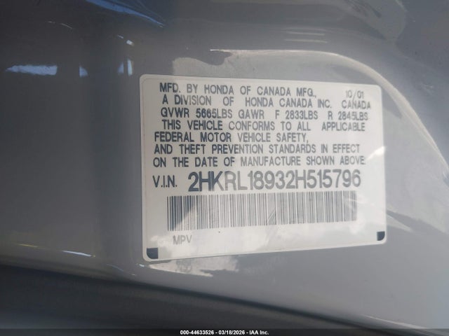 44633526 :رقم المزاد ، 2HKRL18932H515796 vin ، 2002 Honda Odyssey Ex-l مزاد بيع