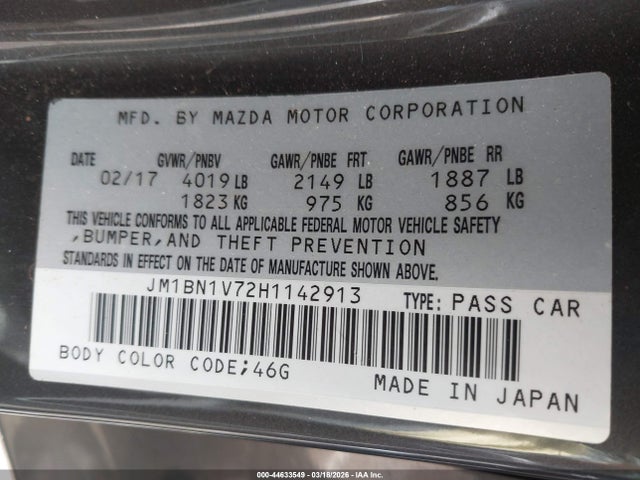 JM1BN1V72H1142913 Mazda Mazda3 Touring