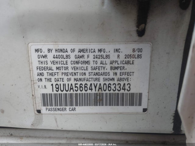 Aukcja sprzedaży 2000 Acura Tl 3.2, vin: 19UUA5664YA063343, numer aukcji: 44633555