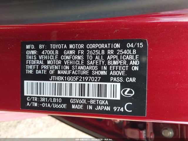 Aukcja sprzedaży 2015 Lexus Es 350, vin: JTHBK1GG5F2197027, numer aukcji: 44633571