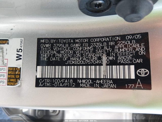 Aukcja sprzedaży 2005 Toyota Prius, vin: JTDKB20U757049390, numer aukcji: 44633582