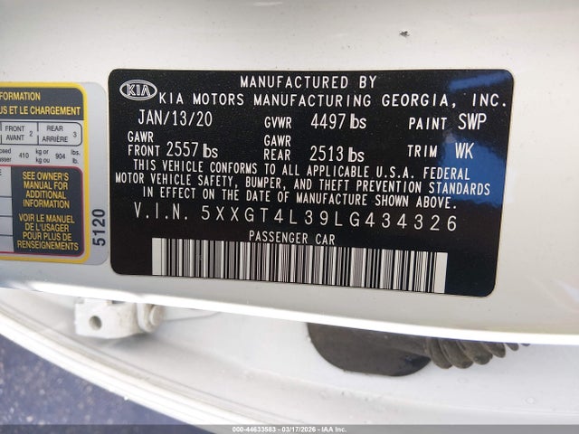 5XXGT4L39LG434326 KIA Optima Lx