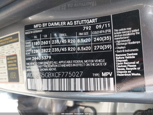 44633584 :رقم المزاد ، WDCGG5GBXCF775027 vin ، 2012 Mercedes-benz Glk 350 مزاد بيع