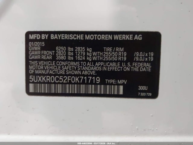44633594 :رقم المزاد ، 5UXKR0C52F0K71719 vin ، 2015 Bmw X5 Xdrive35i مزاد بيع