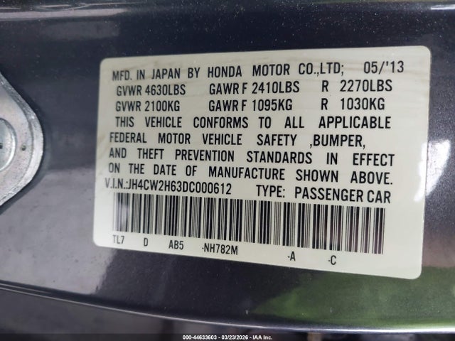 Продаж на аукціоні авто 2013 Acura Tsx 2.4, vin: JH4CW2H63DC000612, номер лоту: 44633603