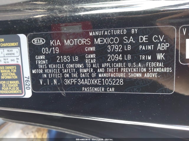 3KPF34ADXKE105228 KIA FORTE S
