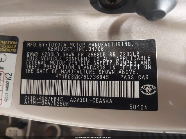 Aukcja sprzedaży 2006 Toyota Camry Le, vin: 4T1BE32K76U736845, numer aukcji: 44633620