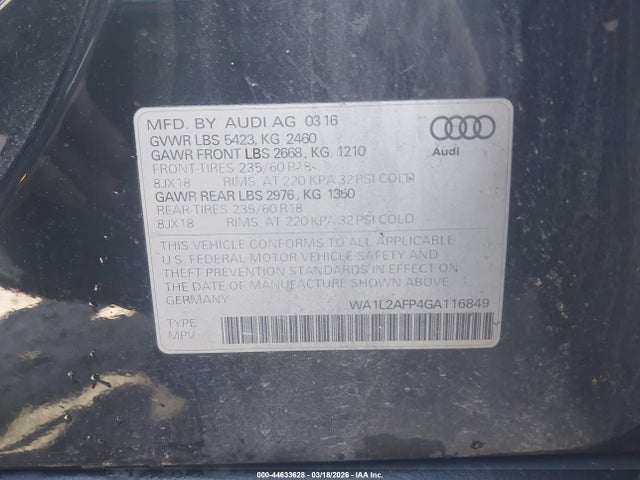 44633628 :رقم المزاد ، WA1L2AFP4GA116849 vin ، 2016 Audi Q5 2.0t Premium مزاد بيع