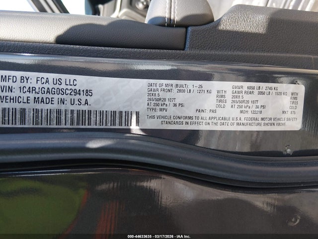 44633635 :رقم المزاد ، 1C4RJGAG0SC294185 vin ، 2025 Jeep Grand Cherokee Altitude X 4x2 مزاد بيع