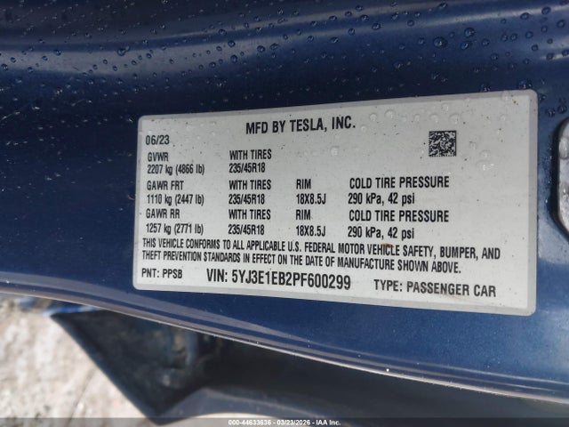 Продажа на аукционе авто 2023 Tesla Model 3 Long Range Dual Motor All-wheel Drive, vin: 5YJ3E1EB2PF600299, номер лота: 44633636