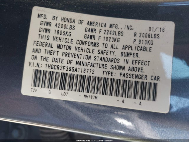 1HGCR2F39GA116772 Honda ACCORD LX
