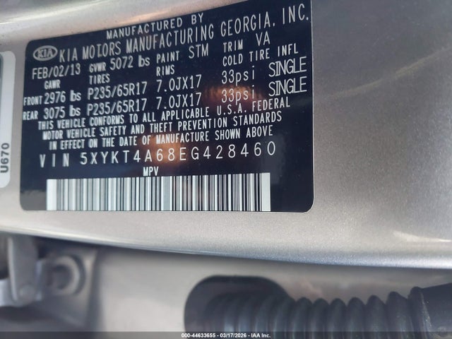 44633655 :رقم المزاد ، 5XYKT4A68EG428460 vin ، 2014 Kia Sorento Lx مزاد بيع