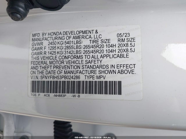 2023 Honda Passport Awd Ex-l მანქანა იყიდება აუქციონზე, vin: 5FNYF8H53PB024286, აუქციონის ნომერი: 44633657