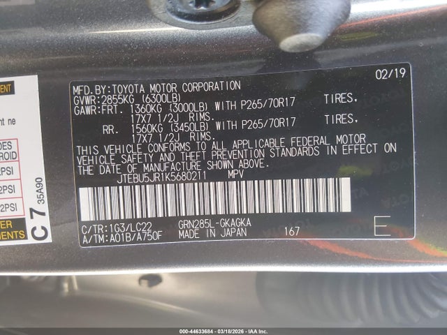 JTEBU5JR1K5680211 Toyota 4runner Trd Off Road Premium