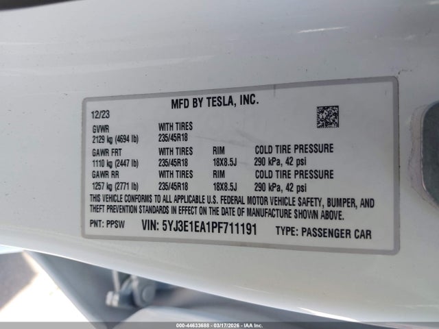 Продажа на аукционе авто 2023 Tesla Model 3 Rear-wheel Drive, vin: 5YJ3E1EA1PF711191, номер лота: 44633688