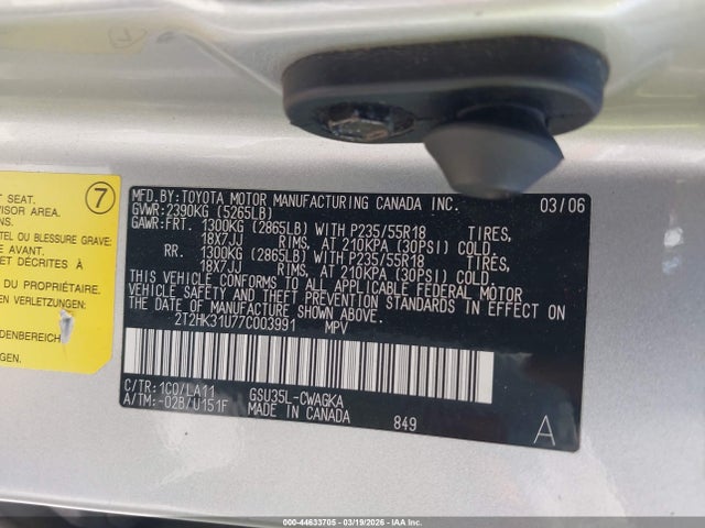 44633705 :رقم المزاد ، 2T2HK31U77C003991 vin ، 2007 Lexus Rx 350 مزاد بيع