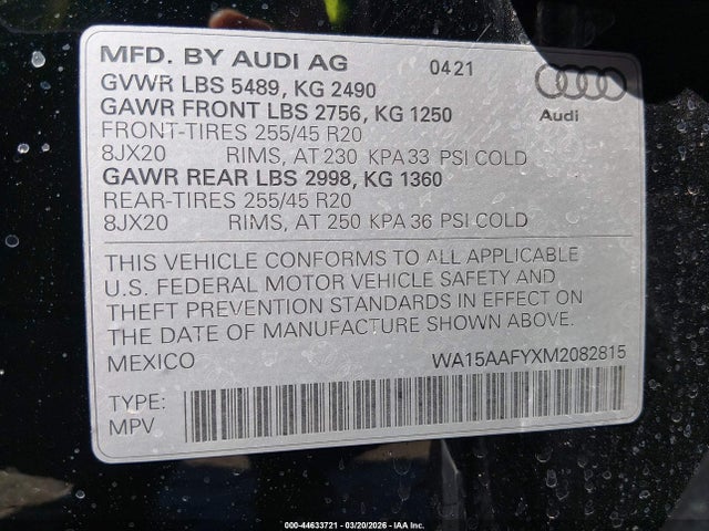 44633721 :رقم المزاد ، WA15AAFYXM2082815 vin ، 2021 Audi Q5 Sportback Premium Plus 45 Tfsi Quattro S Tronic مزاد بيع