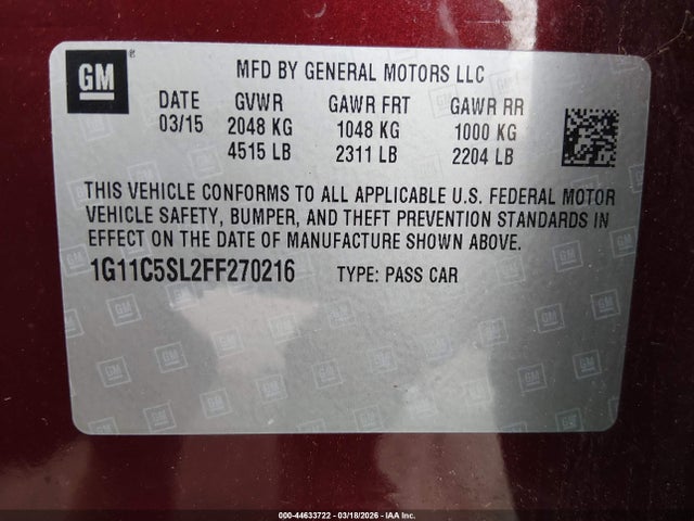 2015 Chevrolet Malibu 1lt მანქანა იყიდება აუქციონზე, vin: 1G11C5SL2FF270216, აუქციონის ნომერი: 44633722