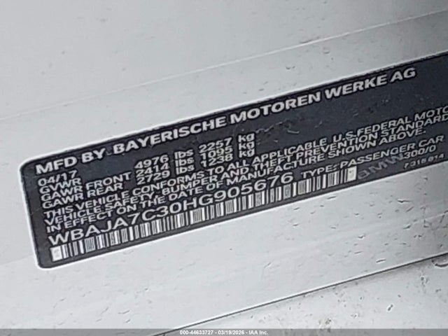 44633727 :رقم المزاد ، WBAJA7C30HG905676 vin ، 2017 Bmw 530i Xdrive مزاد بيع