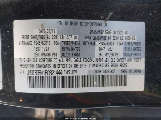 2011 Mazda Cx-9 Sport მანქანა იყიდება აუქციონზე, vin: JM3TB3BV1B0321444, აუქციონის ნომერი: 44633728