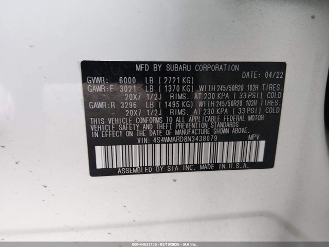 Aukcja sprzedaży 2022 Subaru Ascent Touring, vin: 4S4WMARD8N3438079, numer aukcji: 44633736
