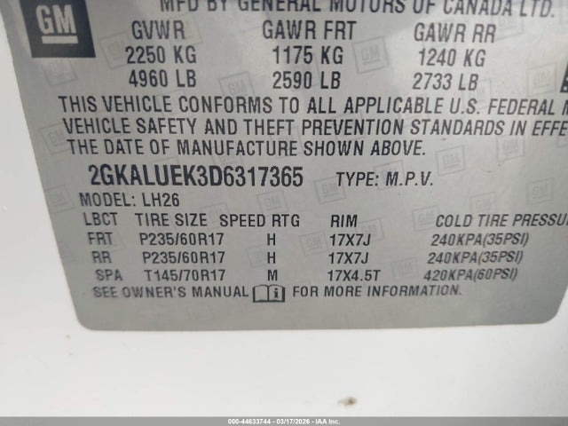 44633744 :رقم المزاد ، 2GKALUEK3D6317365 vin ، 2013 Gmc Terrain Slt-1 مزاد بيع