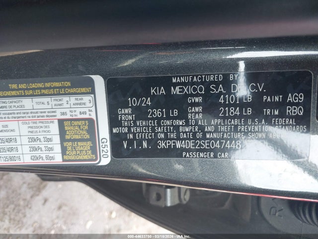 44633750 :رقم المزاد ، 3KPFW4DE2SE047448 vin ، 2025 Kia K4 Gt-line مزاد بيع