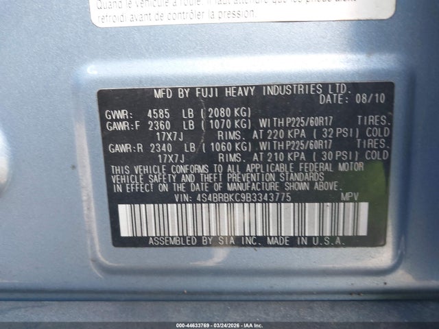 Продажа на аукционе авто 2011 Subaru Outback 2.5i Limited, vin: 4S4BRBKC9B3343775, номер лота: 44633769
