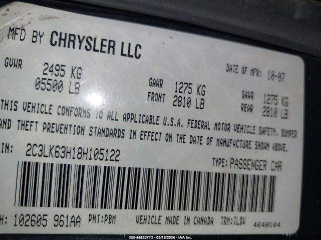 2008 Chrysler 300c მანქანა იყიდება აუქციონზე, vin: 2C3LK63H18H105122, აუქციონის ნომერი: 44633773