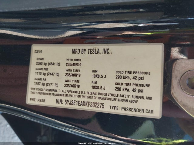 Aukcja sprzedaży 2019 Tesla Model 3 Long Range/mid Range/standard Range/standard Range Plus, vin: 5YJ3E1EAXKF302275, numer aukcji: 44633787