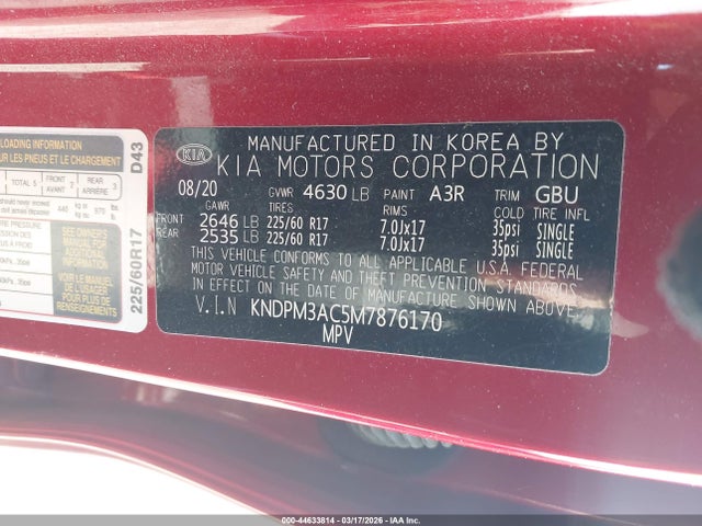 44633814 :رقم المزاد ، KNDPM3AC5M7876170 vin ، 2021 Kia Sportage Lx مزاد بيع
