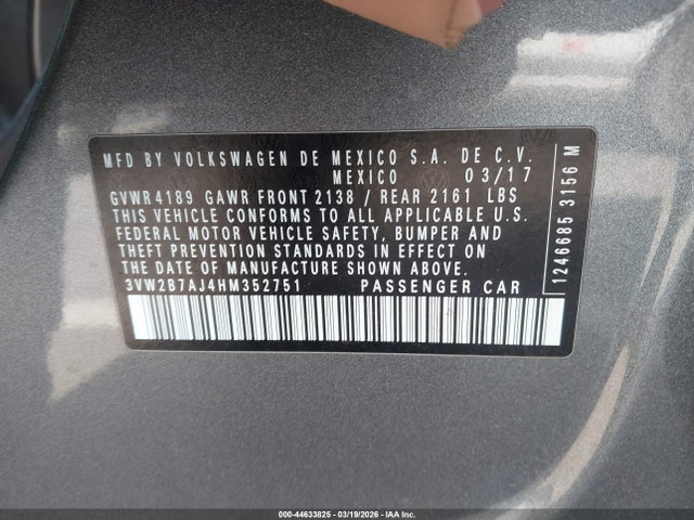 44633825 :رقم المزاد ، 3VW2B7AJ4HM352751 vin ، 2017 Volkswagen Jetta 1.4t S مزاد بيع