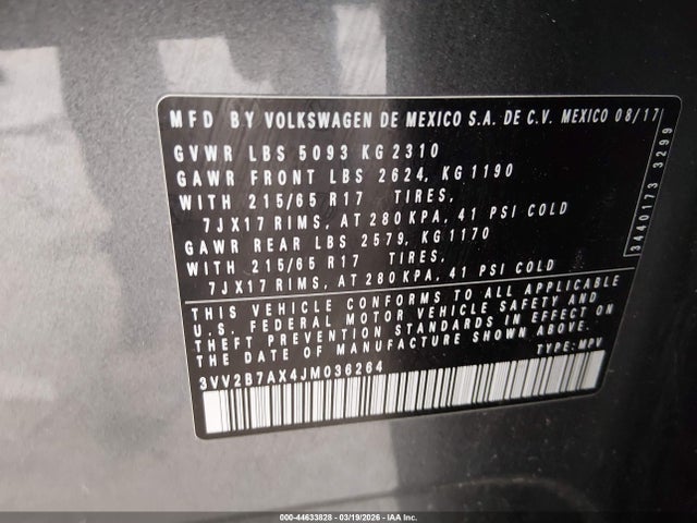 44633828 :رقم المزاد ، 3VV2B7AX4JM036264 vin ، 2018 Volkswagen Tiguan 2.0t Se/2.0t Sel مزاد بيع