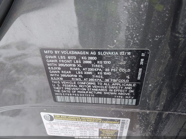 2016 Volkswagen Touareg Vr6 Lux მანქანა იყიდება აუქციონზე, vin: WVGEF9BP5GD012310, აუქციონის ნომერი: 44633829