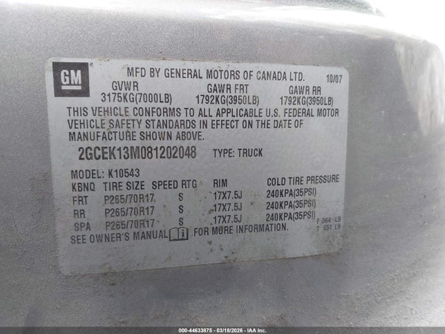 44633875 :رقم المزاد ، 2GCEK13M081202048 vin ، 2008 Chevrolet Silverado 1500 Lt1 مزاد بيع