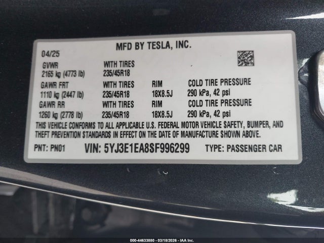 Aukcja sprzedaży 2025 Tesla Model 3 Long Range Rear-wheel Drive/standard Rear-wheel Drive, vin: 5YJ3E1EA8SF996299, numer aukcji: 44633880