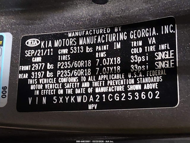 2012 Kia Sorento Sx V6 მანქანა იყიდება აუქციონზე, vin: 5XYKWDA21CG253602, აუქციონის ნომერი: 44633881