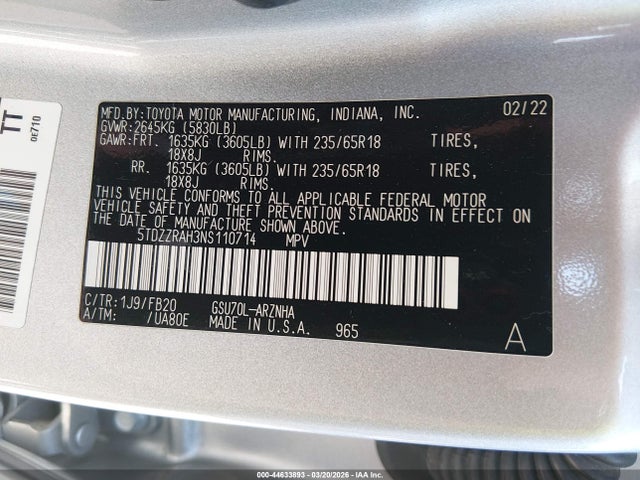Toyota Highlander Le 2022 5TDZZRAH3NS110714 Image 9