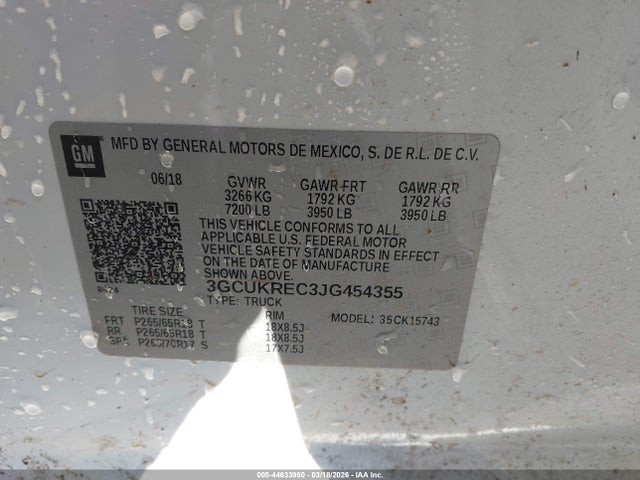 Aukcja sprzedaży 2018 Chevrolet Silverado 1500 2lt, vin: 3GCUKREC3JG454355, numer aukcji: 44633950