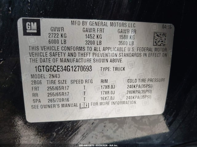 44633970 :رقم المزاد ، 1GTG6CE34G1270693 vin ، 2016 Gmc Canyon Sle مزاد بيع
