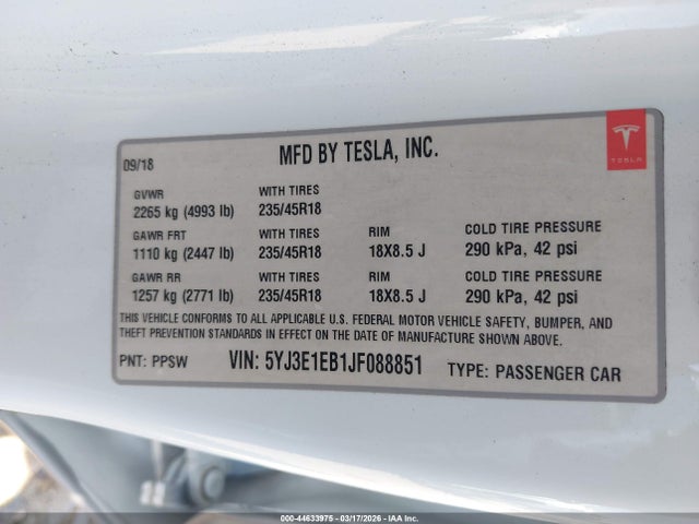 5YJ3E1EB1JF088851 Tesla Model 3 Long Range/performance